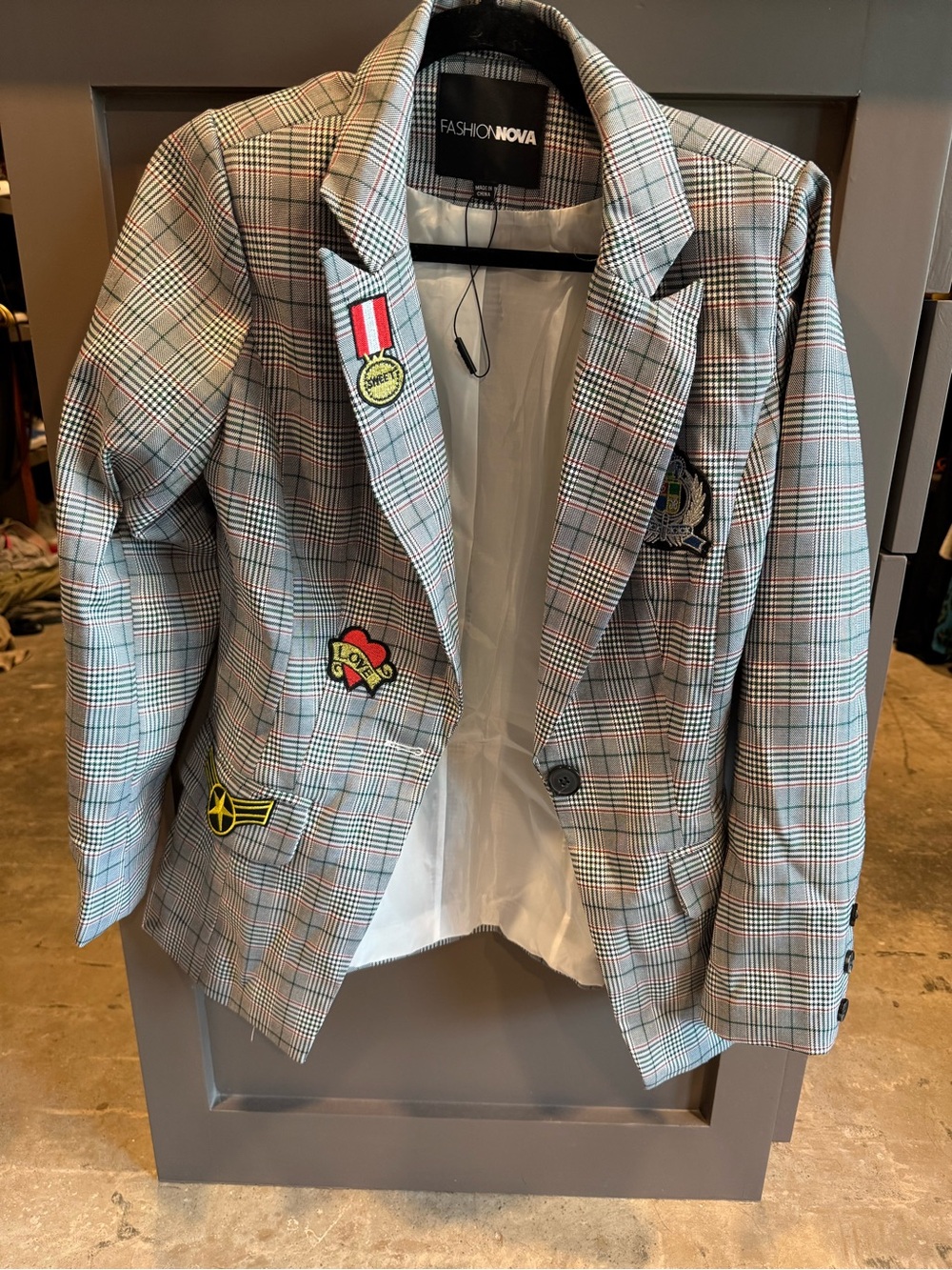 Fashion Nova Plaid Blazer with Embroidered Patch Accents - Gray